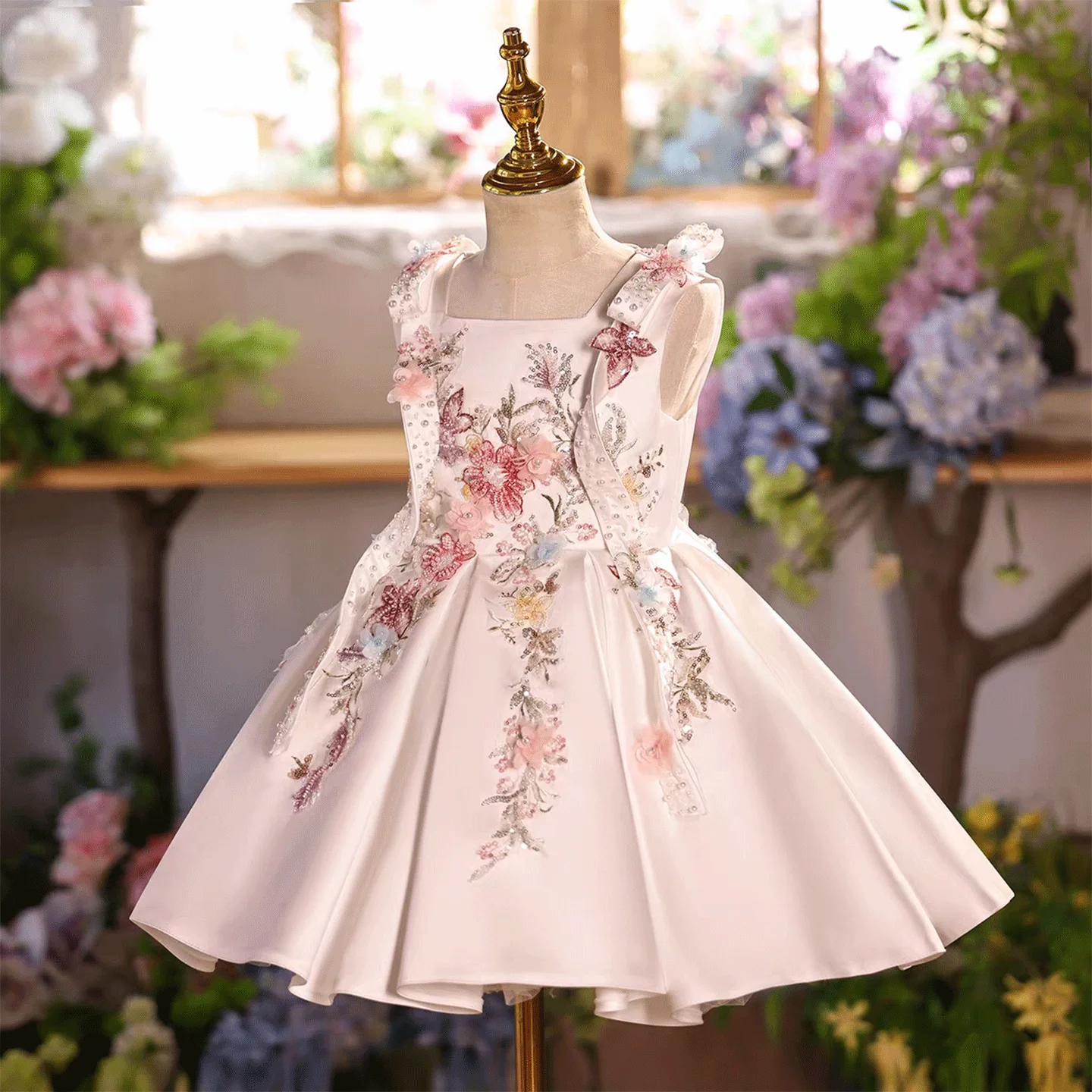 Jill Wish J880 Elegant Flower Girl Dress White Pink Satin Gown Birthday Party Dress Children Formal Wear With Floral Applique