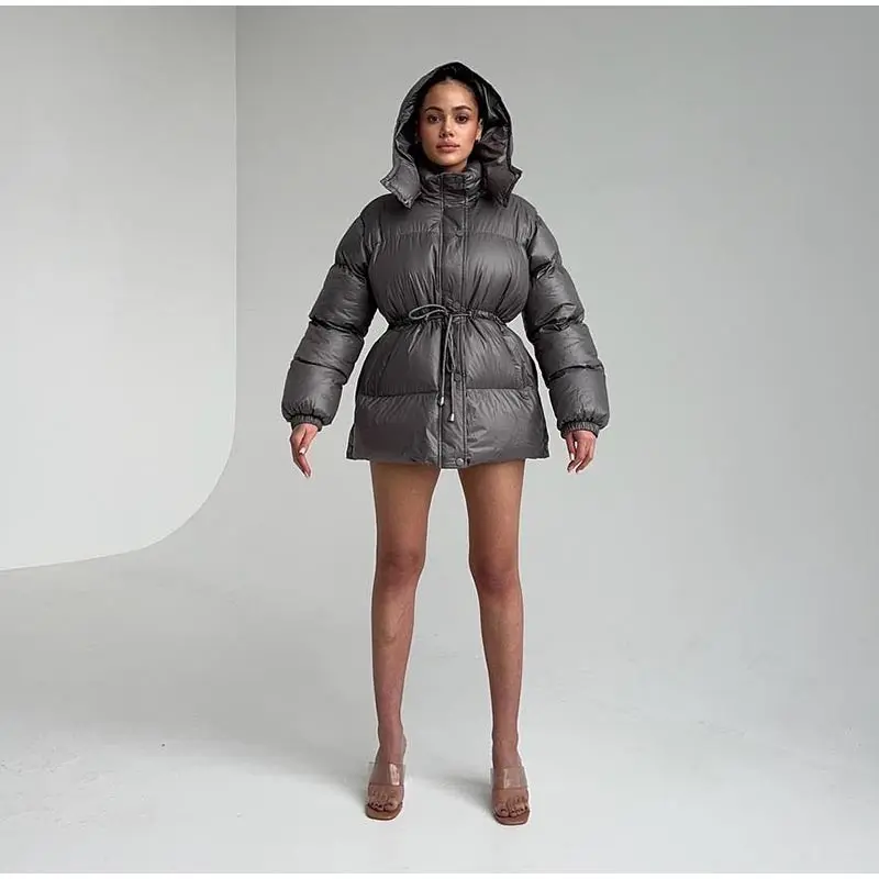 Women's Winter Jacket Hooded Drawstring Zipper Stand-Up Collar Lace Up Winter Jacket Female Loose Casual Chic Jackets For Ladies