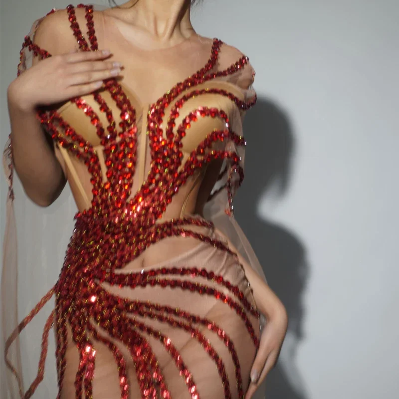 Women Singer Event Dress Gown Sexy Perspective Mesh Catwalk Outfit Sequins Party Celebrate Dress Stage Performance Wear
