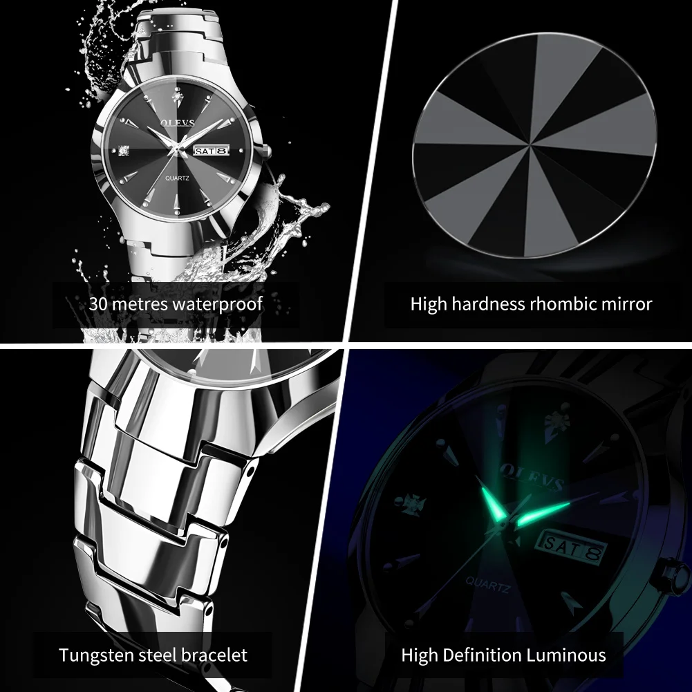 OLEVS 8697 Luxury Couple Watch Tungsten Steel Strap Fashion Waterproof Calendar Diamond dial Lover's Quartz Watch for Men Women