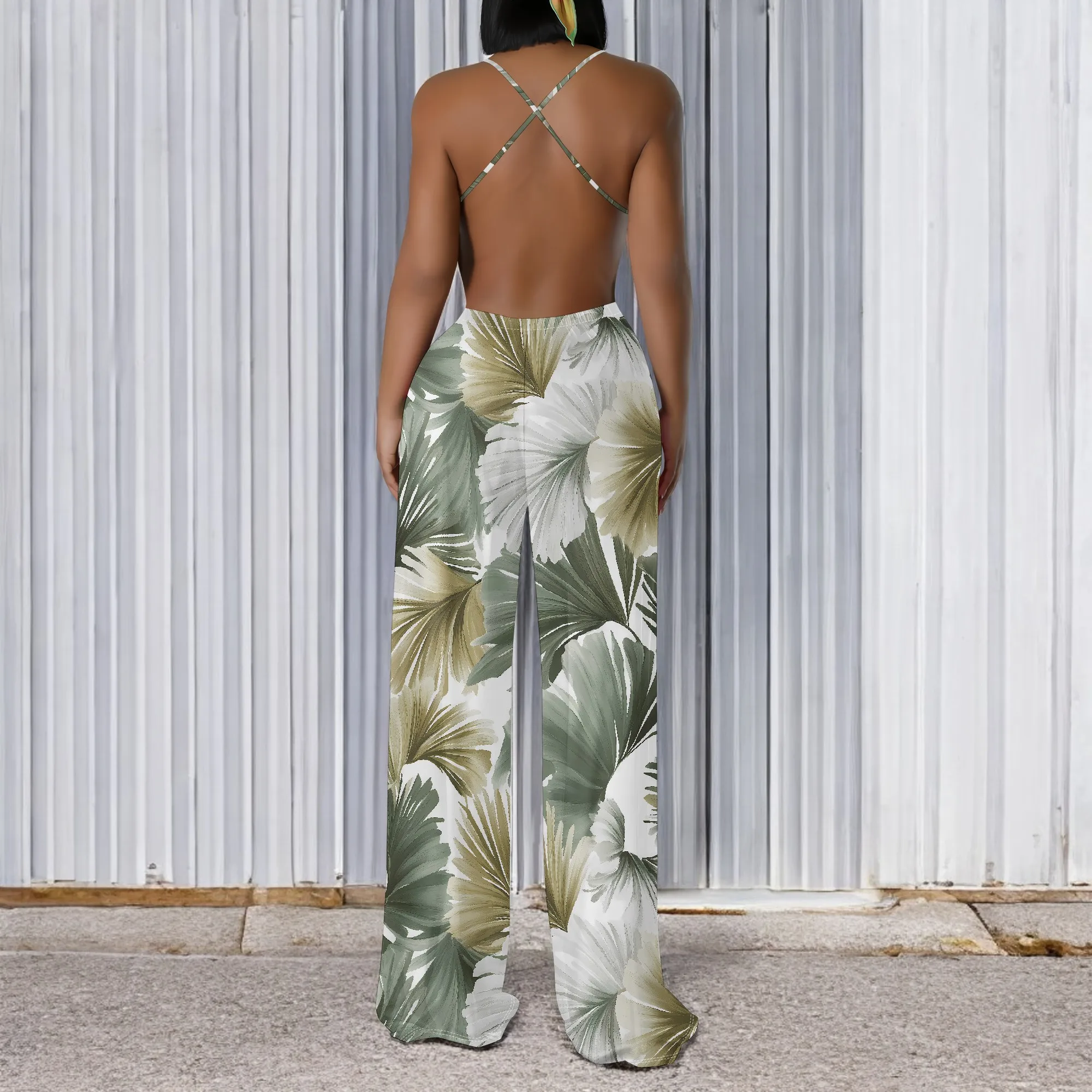 Summer Sleeveless Wide Leg Jumpsuit Women's Green Leaf Print Deep V Neck Spaghetti Strap Casual Beachwear