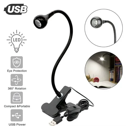 Гибкая настольная лампа с USB-питанием и зажимом для чтения — фото устройства
