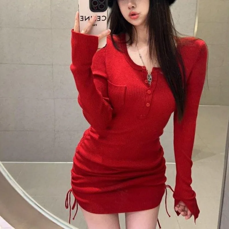 

Sexy Daring Crochet U Neck Extreme Mini Short Woman Dress Red Dresses for Women Knitted Clothes Solid Bodycon New in A Line Thic