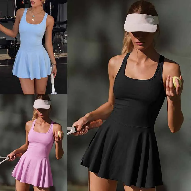 New Women One Piece Tennis Dress with Short Cross Backless Fitness Yoga Dresses Ladies Quick-dry Athletic Workout Skirts