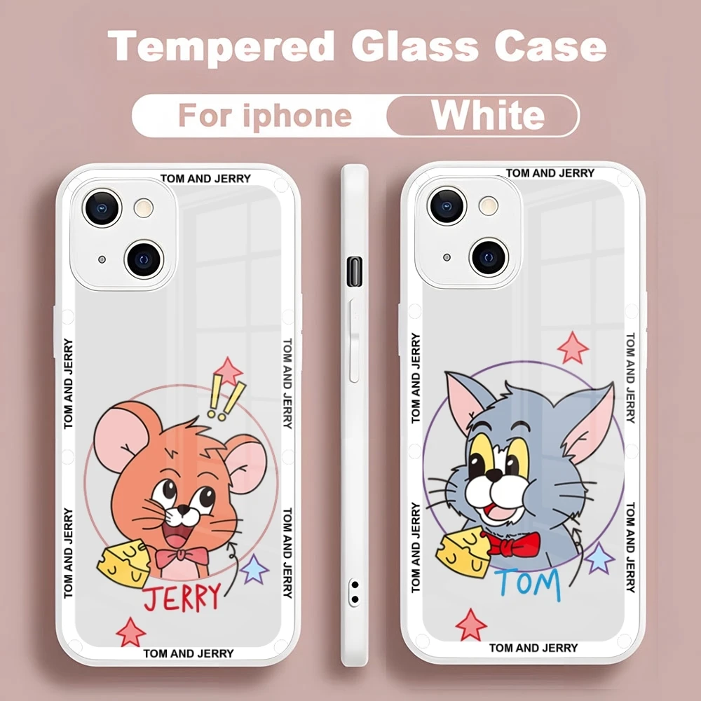 J-JerryS Mouse Tom new for Iphone 15 14 13 12 11 Pro Max X XS XR 7 8 Plus SE Metallic Paint Glass Mobile Phone Case