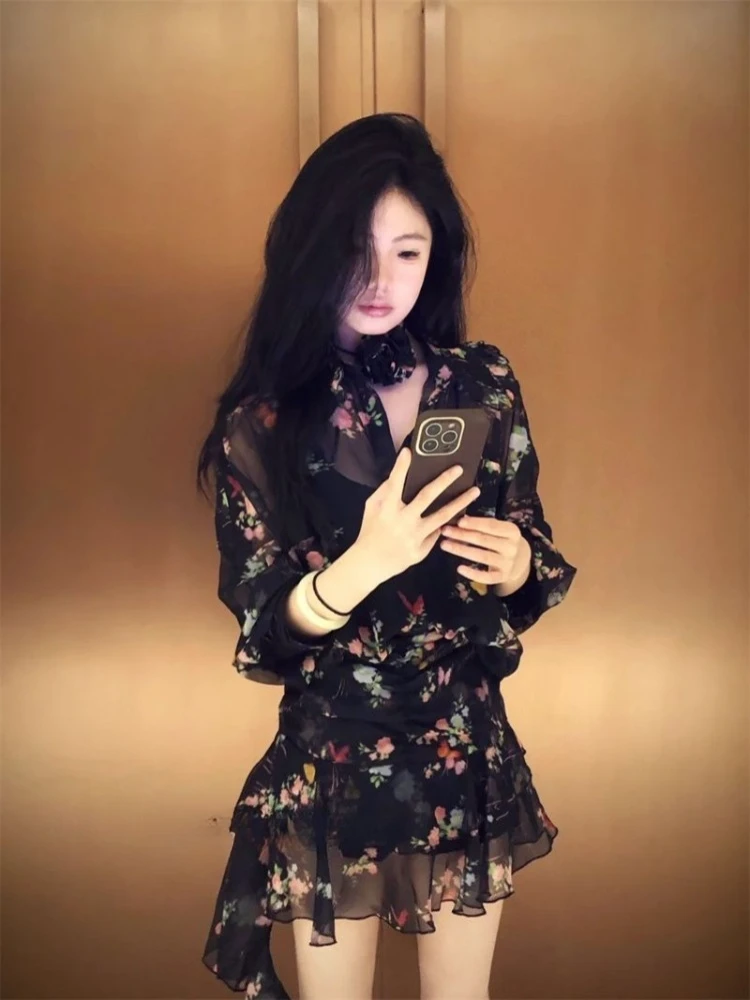 

Korean Butterfly Printed Chiffon Long Sleeved Shirt+ Y2k High Waist Ruched A-line Skirts 2025 Summer New Two Piece Sets