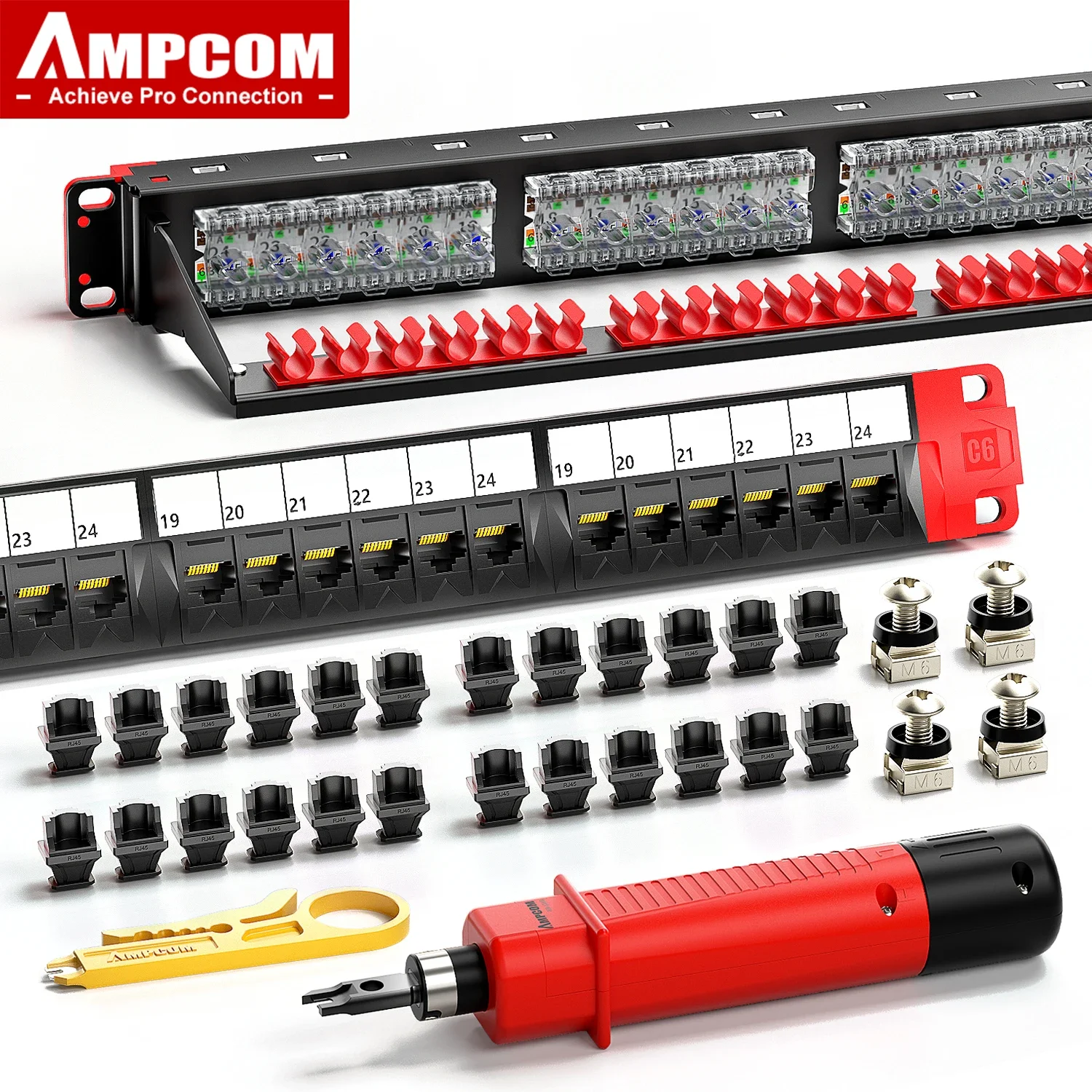 

AMPCOM CAT6 Patch Panel 24 Ports, Industrial Series 50U Gold Plated 1Gbps Rackmount EDF with Punch Down Tool Passed Fluke Test