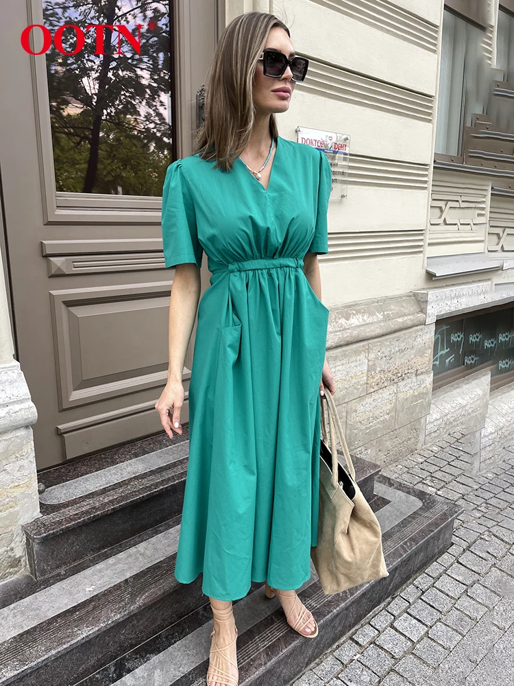 OOTN-Robe trapèze plissée à manches courtes pour femmes, élégante, col en V, verte, sexy, en coton, décontractée, slim, mi-longue, bleue, été, 2023