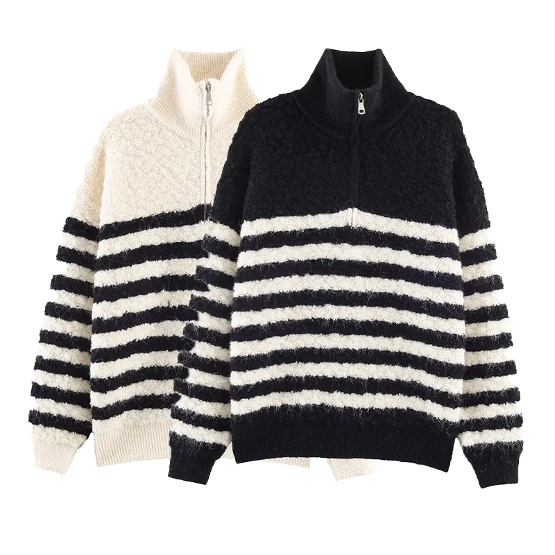 

JNLEAOG осенний новый женский вязаный шерстяной круглый тяжелый полосатый свитер на молнии, украшенный на молнии, свободный крой из полиэфирного волокна
