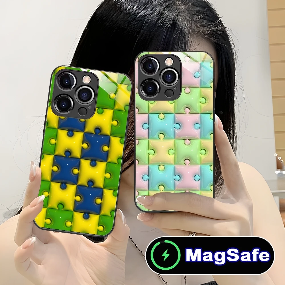 Puzzle Fashion Pretty Mobile Phone Case for iPhone 16 15 14 13 12 11 Pro Max Plus Mini MagSafe Wireless Charging Glass Cover