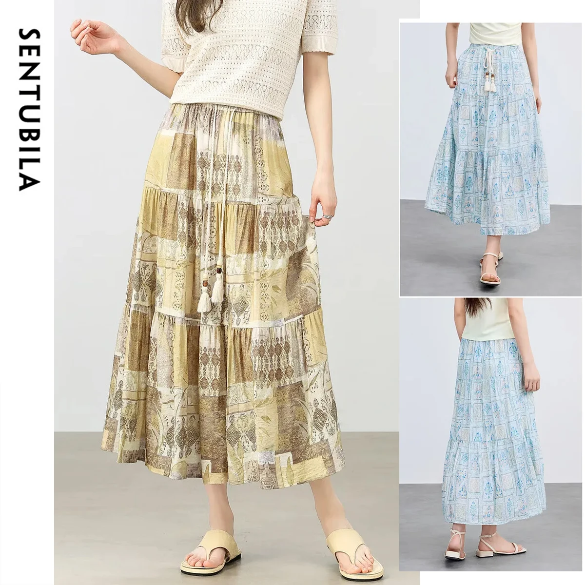 

SENTUBILA Women's Summer Long Skirt 2025 Bohemian Print Beaded Tassel A-line Female Skirts Vintage A-line Ladies Skirt W52QA2333