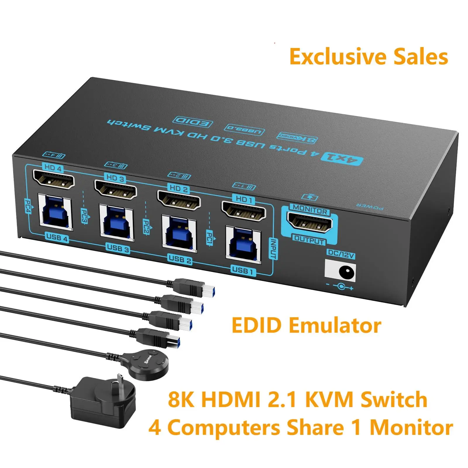 8K HDMI 2.1 KVM Switch 4 Port USB3.0 8K@60Hz/4K@144Hz 4 In 1 Out KVM Switch EDID Emulator for 4 PCs Share 1 Monitor 4 USB Device