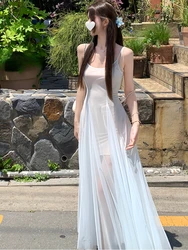 2024 Summer Woman French Elegant Midi Dress See Through Sexy Sleeveless Dress Bodycon Slim One Piece Dress Korean Fashion Chic