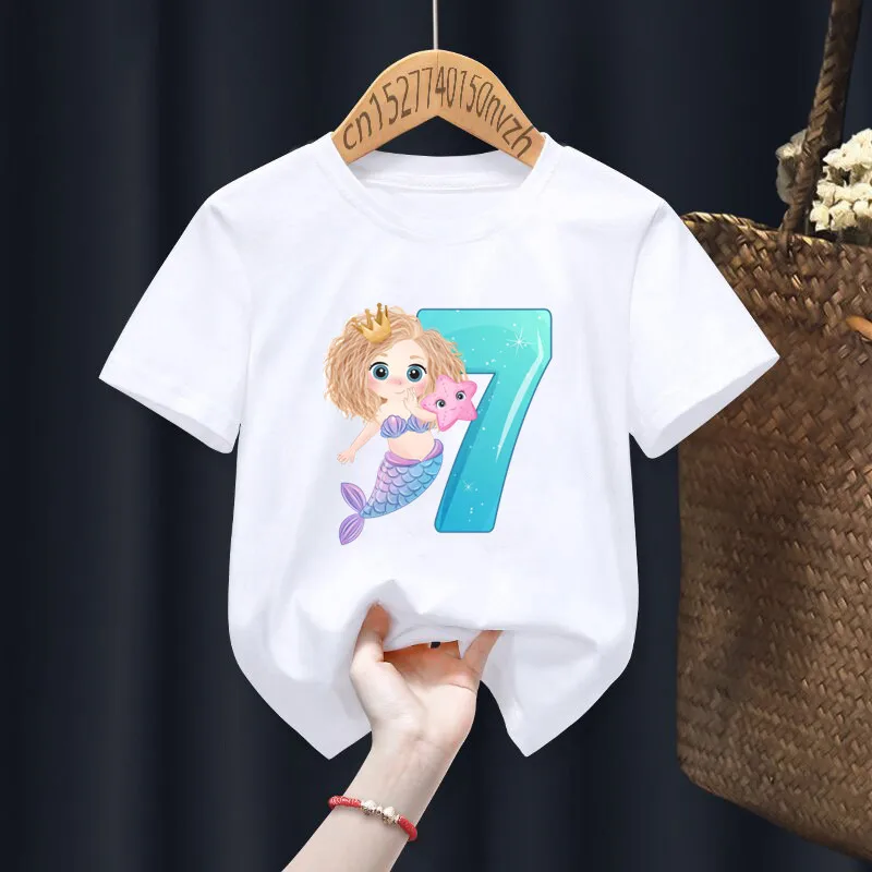 Camiseta blanca con estampado de números de cumpleaños de sirena para niño y niña, ropa divertida Harajuku Kawaii, ropa Y2K para bebé pequeño, envío