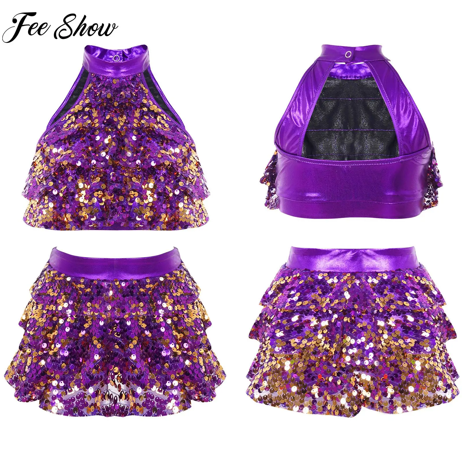 

Kids Girls Jazz Dance Outfit Halter Shiny Sequins Ballet Latin Cha-cha Samba Rumba Costume Dancewear Stage Performance Clothes