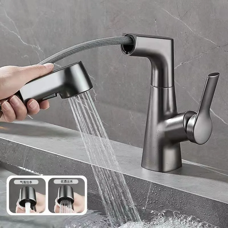 Copper Gun Gray Pull Lifting Basin Faucet Bathroom Washbasin Inter-Platform Basin Rotatable Hot And Cold Faucet