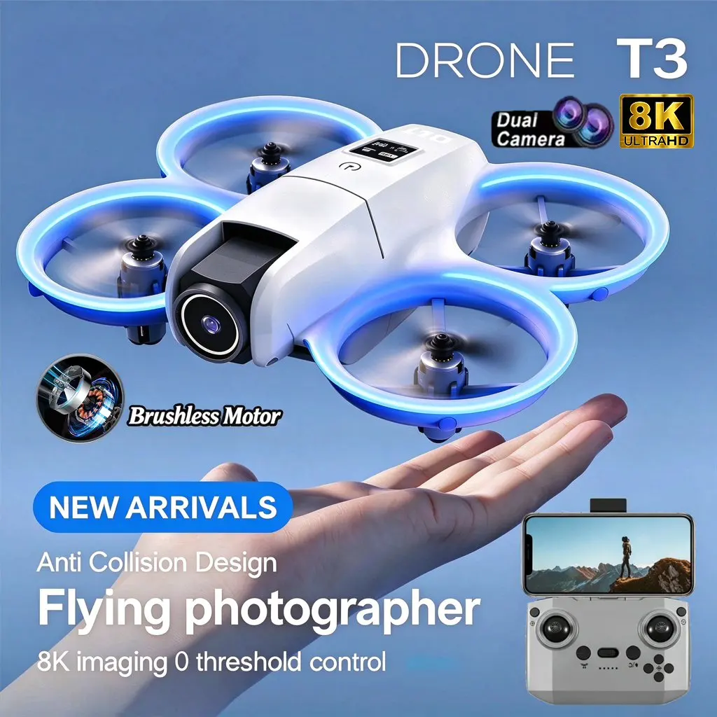 2026 Upgraded T3 Drone HD Dual Cameras Dron 8K FPV Intelligent Obstacle One-Click Return with LED Lights Mini RC Quadcopter Toys
