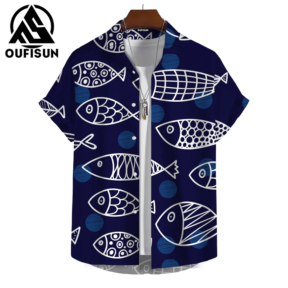 Camisa estampada de verano para hombre, estampado 3D de dibujos animados, estampado de peces, vacaciones en la playa, uso diario, camisa de manga corta para hombre, Top de gran tamaño