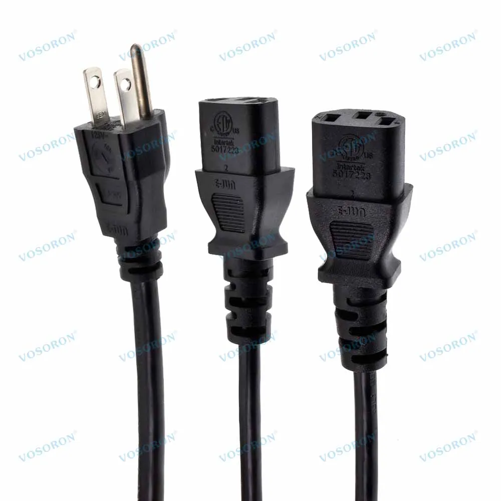 US Inlet 3Pin Male plug to 2x C13 Female Y Splitter Adapter Cable Cord, US Nema 5-15P to 2ways IEC 320 C13 Power Extension Cord