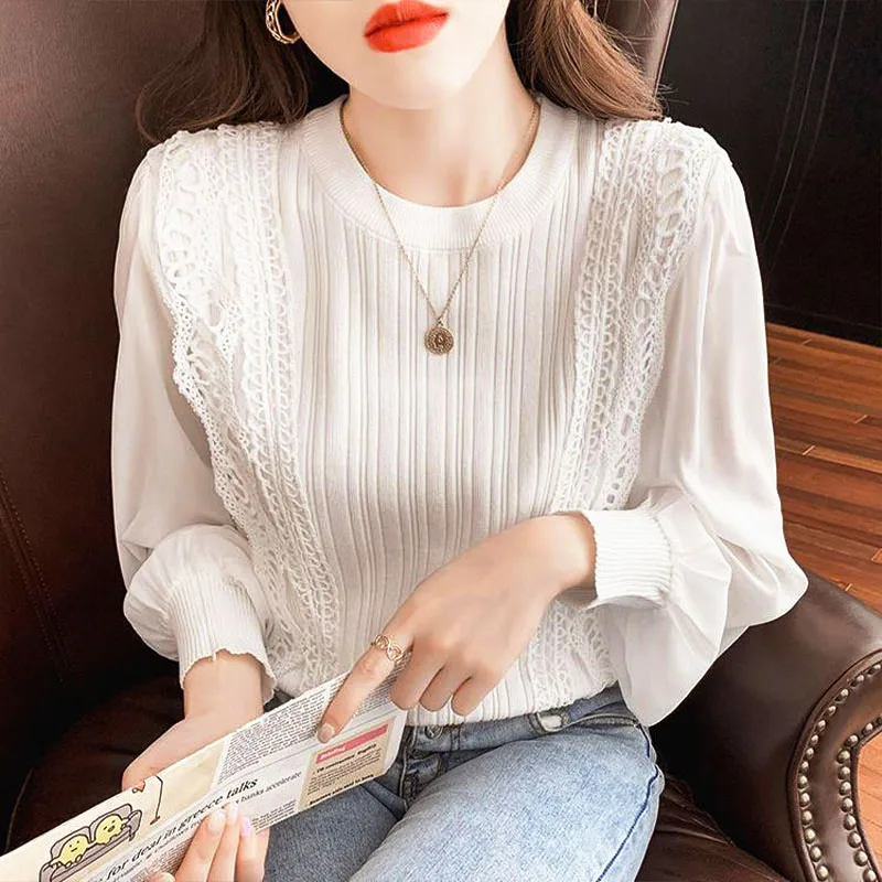 Women\'s Long Sleeve Bottoming Shirt, Hollow Out, Round Neck, Office Lady Pullovers, Chic Blouses, Korean Top, Spring, Autumn,