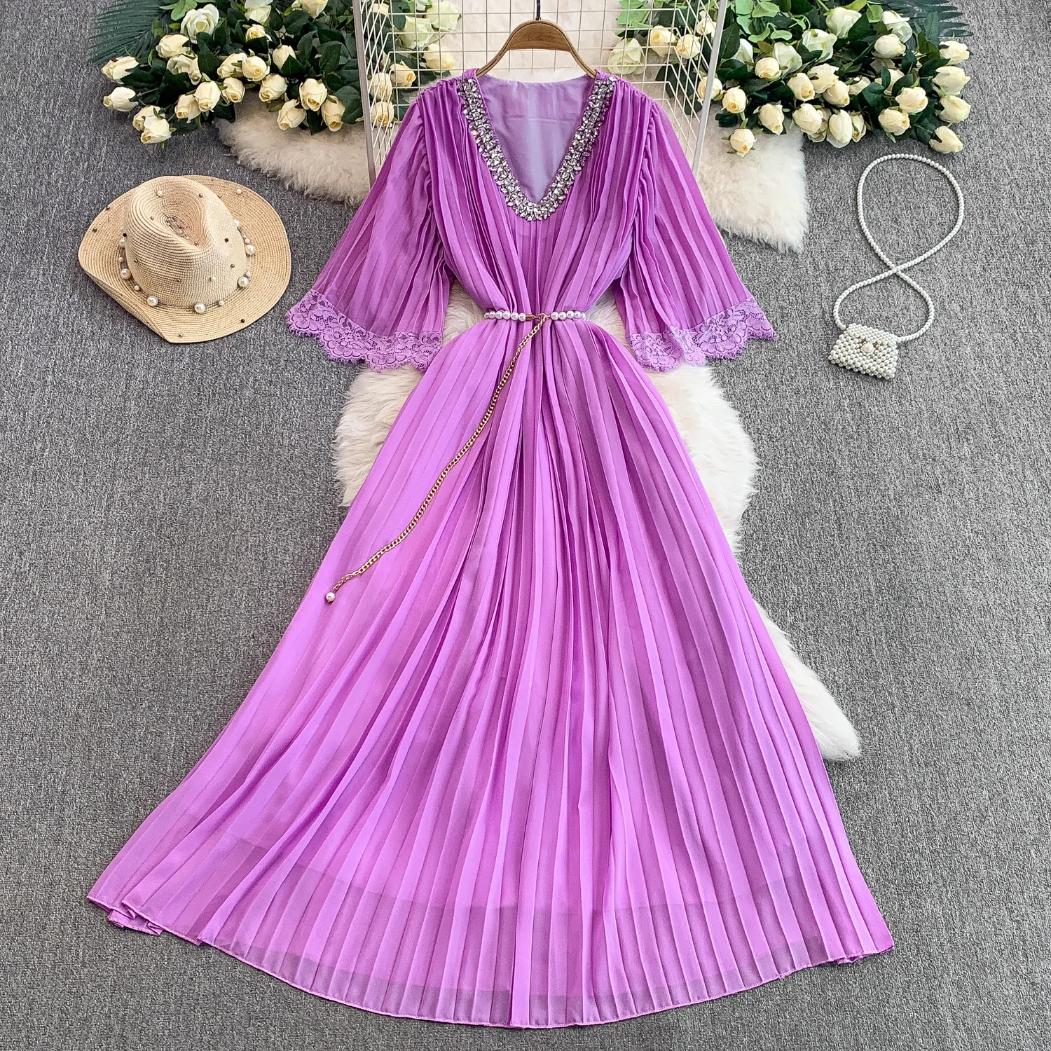 Vintage sexy Strass Spitze geraffte Kleid Chic Sommer Strand Fairycore Vestidos Urlaub Frauen Kleidung