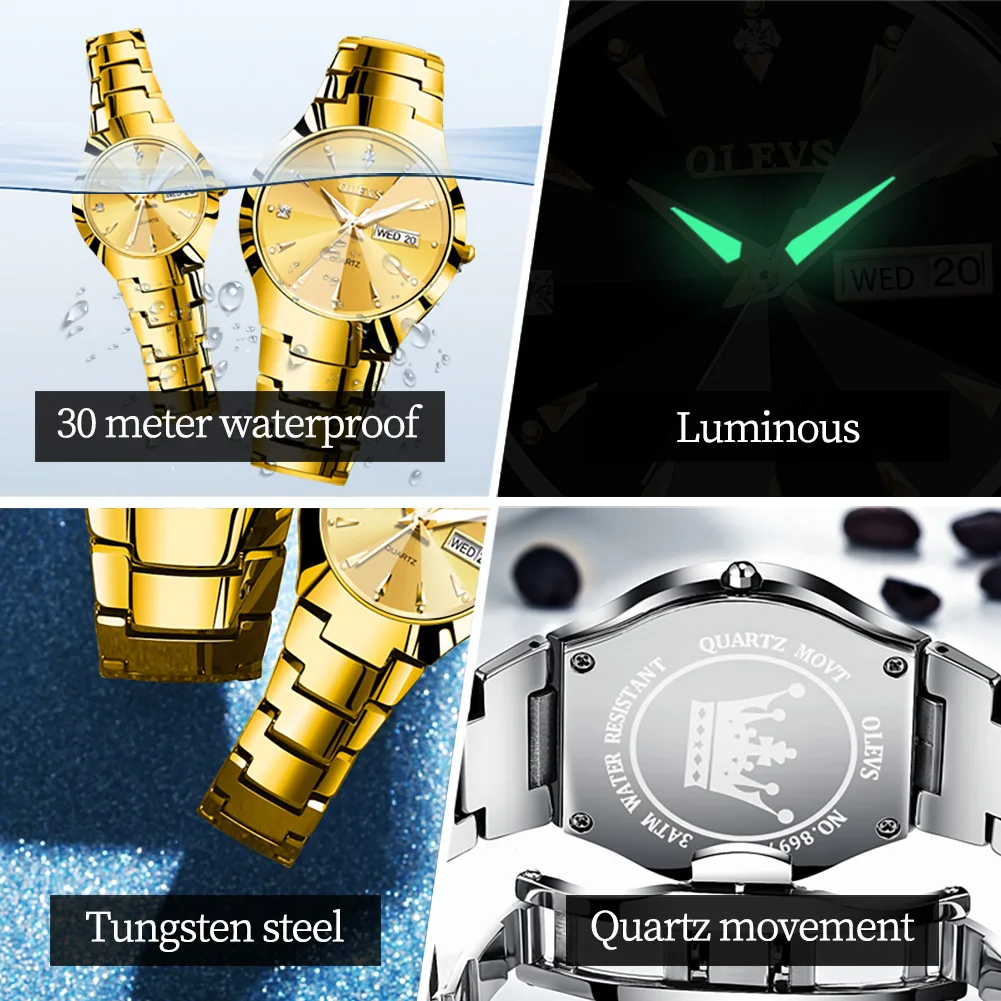 OLEVS Fashion Mens Watches Top Brand Luxury Tungsten Steel Gold Quartz Watch for Man Waterproof Luminous Date Week Wristwatch