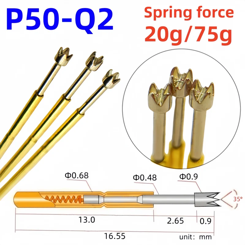 20/100PCS P50-Q2 Spring Test Probe Test Pin Pogo Pin P50-Q Electric ICT FCT PCB Test Tool 0.90/0.68/16.55mm Needle Crown TipHead
