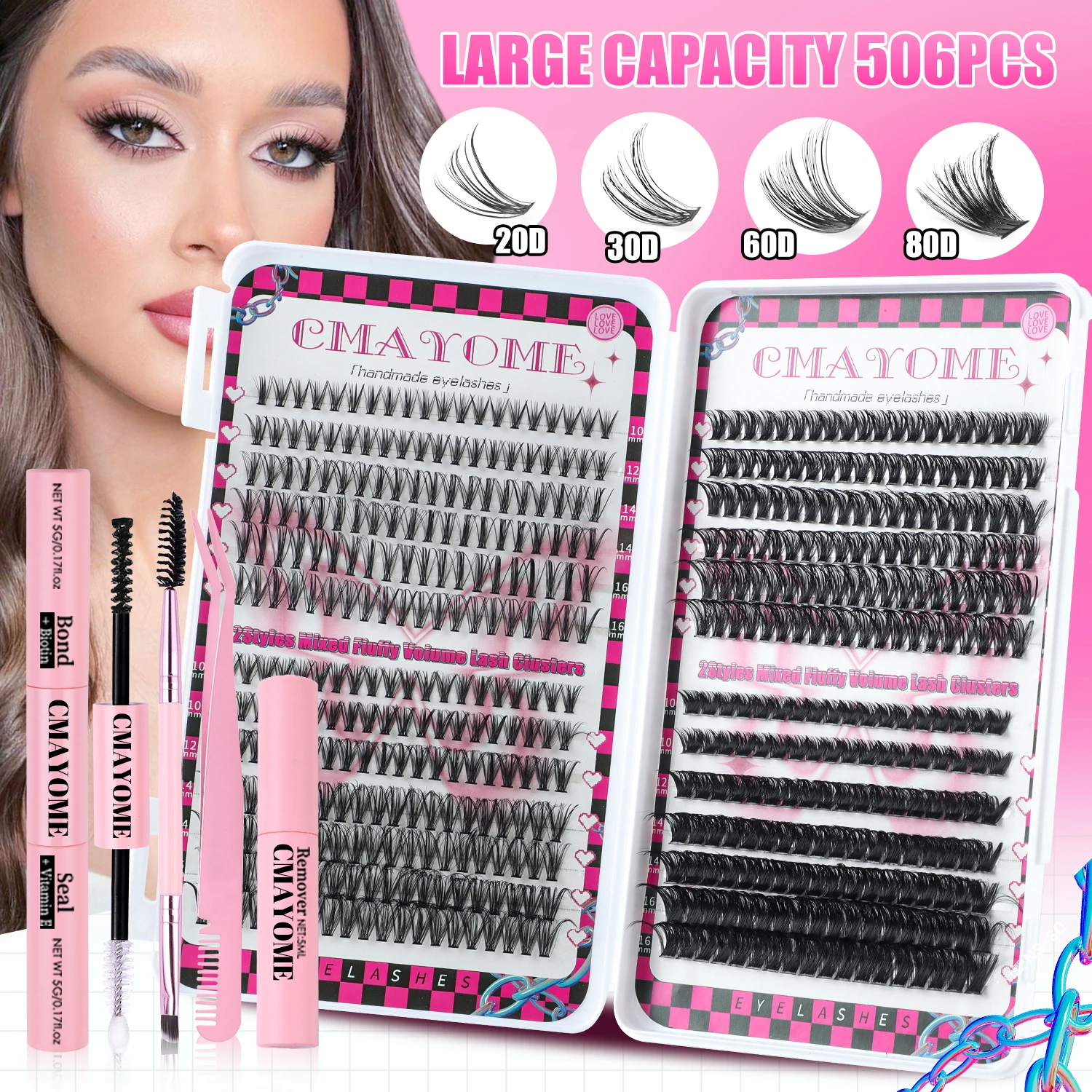 

QSTY Lash Extension Kit 506 Pcs Fluffy Lash Clusters 20 40D 10-16mm Eyelash Extension Kit Individual Lashes with Bond and Seal G