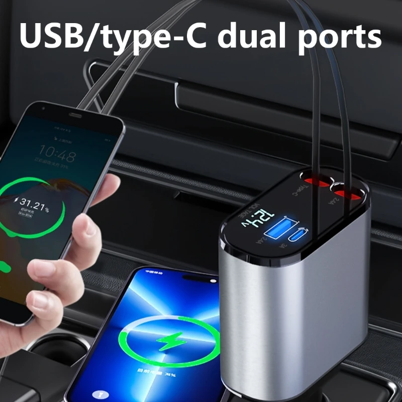 محول شاحن السيارات القابل للسحب USB C الشحن السريع للهواتف الذكية اللوحي K1KF
