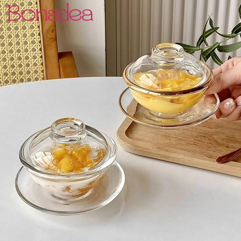 Creative Glass Bowl Simple Glass Bowls With Lid Dessert Bowl Transparent Oatmeal Breakfast Bowls Set With Saucer For Kitchen