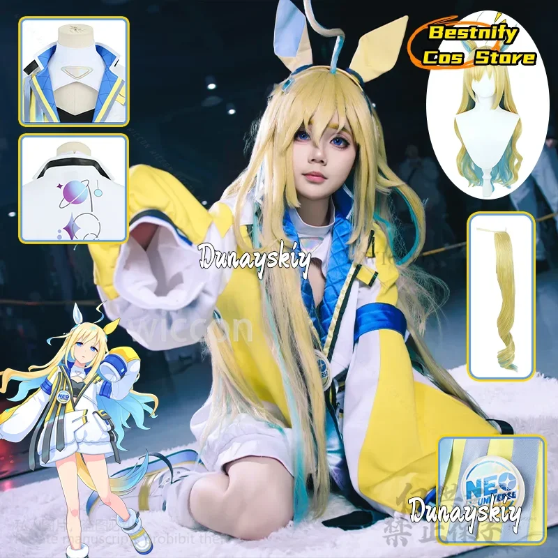 

CosplayGame Umamusume Pretty Neo Universe Copslay Derby Blue Yellow Coat Furry Ear Tail Wigs Anime Jirai Kei Girls Jumpsuit cost