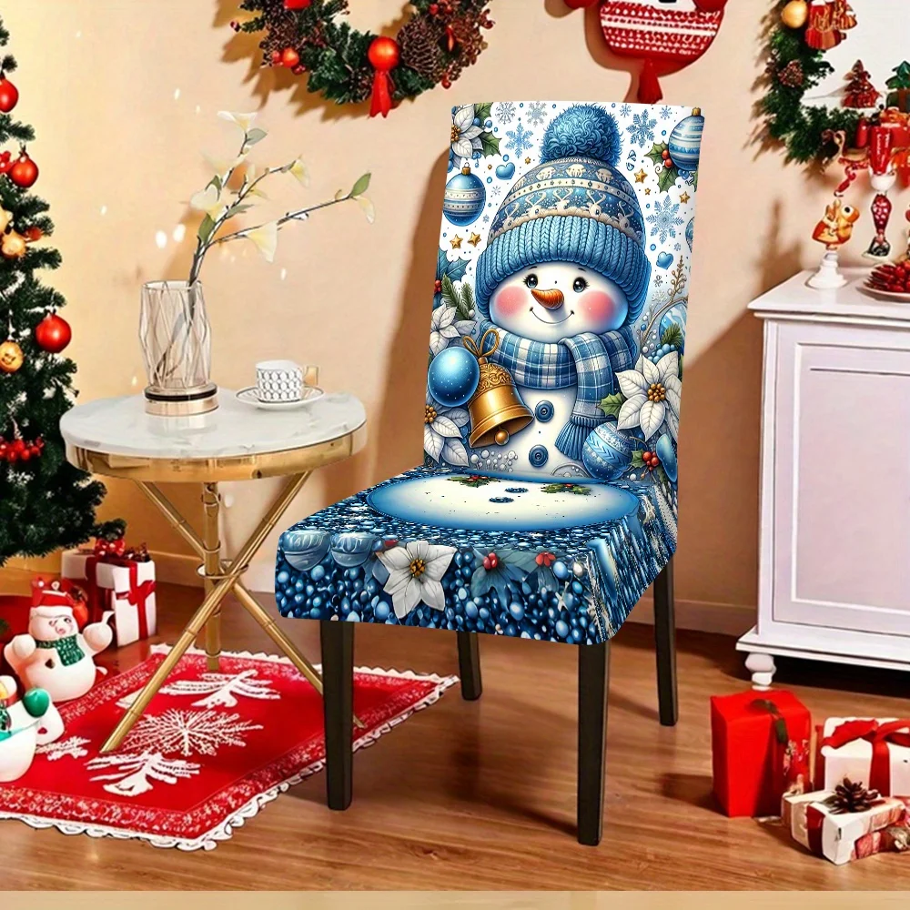 Blue Knit Pom Pom Hat Snowman Plaid Scarf Bell Bauble Snowflake Full Print Dining Chair Slipcover Stretch Xmas Chair Cover