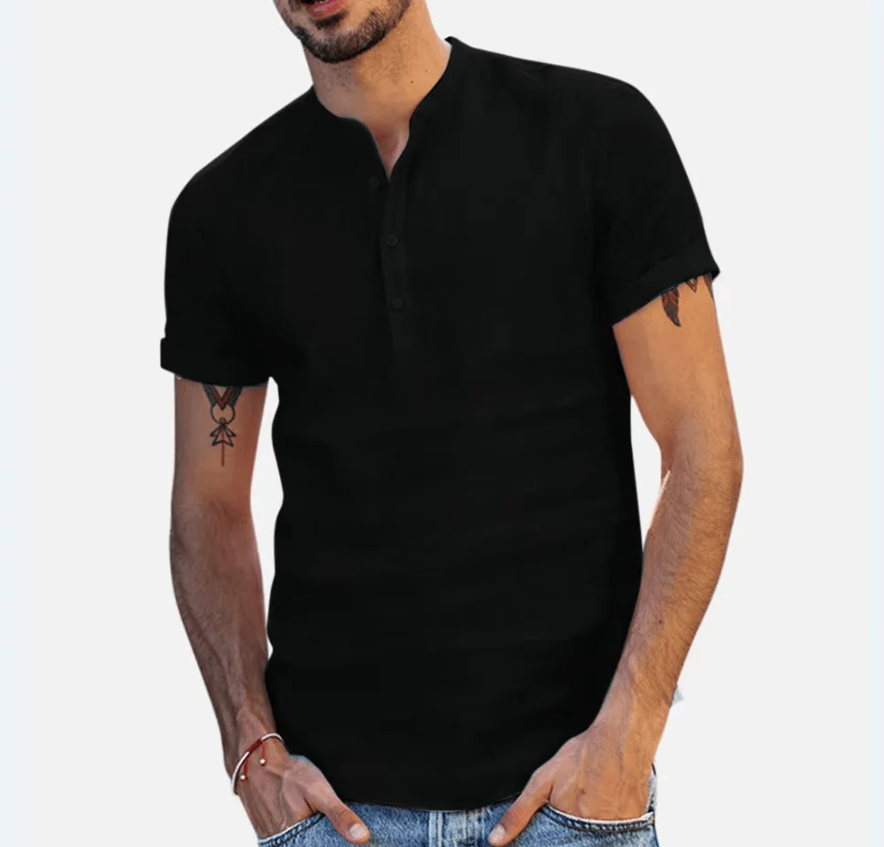 2026 New Cotton Linen Shirts for Men Casual Shirts Lightweight Short Sleeve Henley Beach Shirts Hawaiian T Shirts for Male