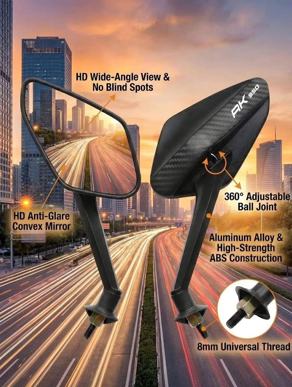 

2Pcs/Pair Motorcycle Carbon Fiber Rearview Side Mirror Rotatable 8mm For KYMCO AK550 ak550 AK 550 AK-550 ak-550 2017-2023 2024