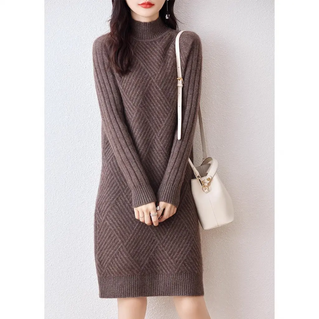 

Women's High Collar Knitted Sweater Dress 100% Wool Thickened Fashionable Bottoming Warm Mat Woven for Autumn Winter Outer Wear