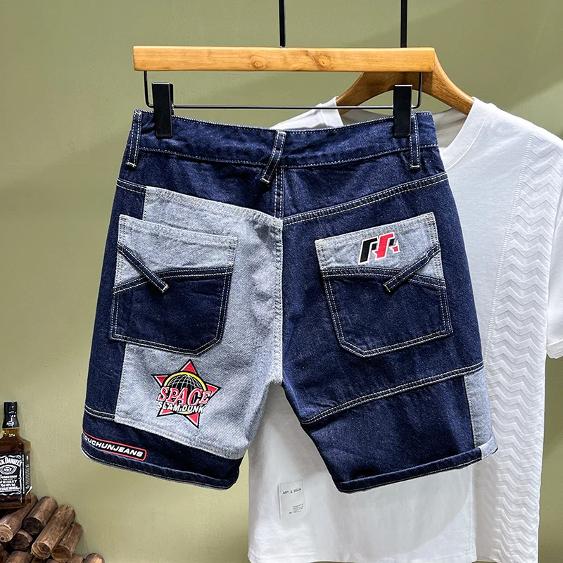 New trendy denim shorts men patchwork slim fitting straight leg pants fashionable embroidery printed casual blue washing jeans