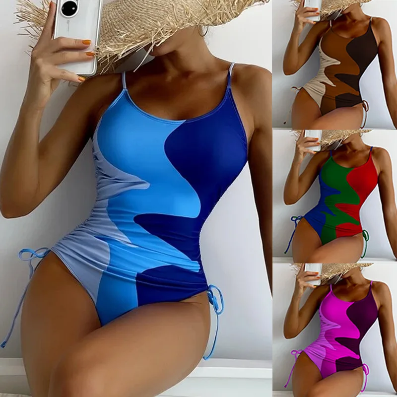 

Tenglong New One-Piece Swimsuit Multi-Color Mosaic Drawstring Corrugated Women's Swimsuit