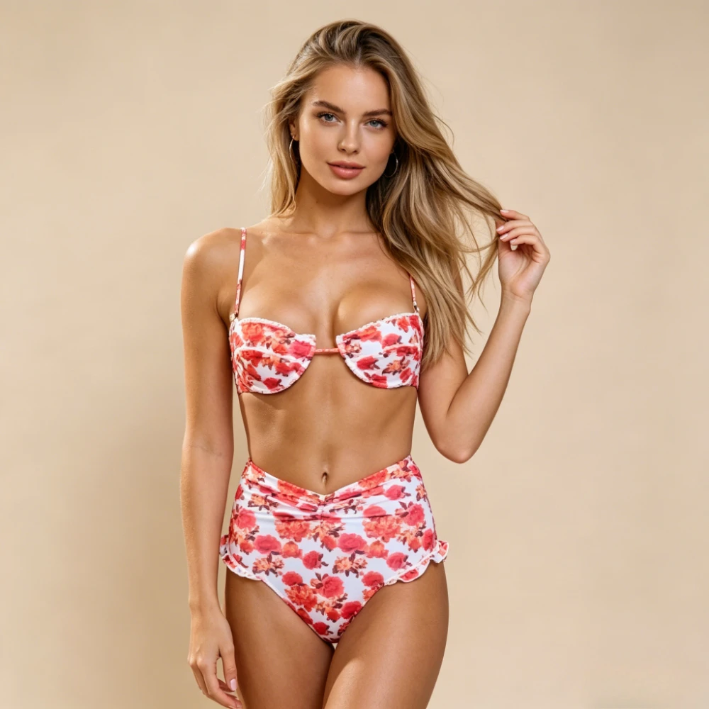 2026 New Red Floral Underwire Bikini Set with Lace Trim & High Waisted Ruffled Bottom 2 Piece Swimwear for Women