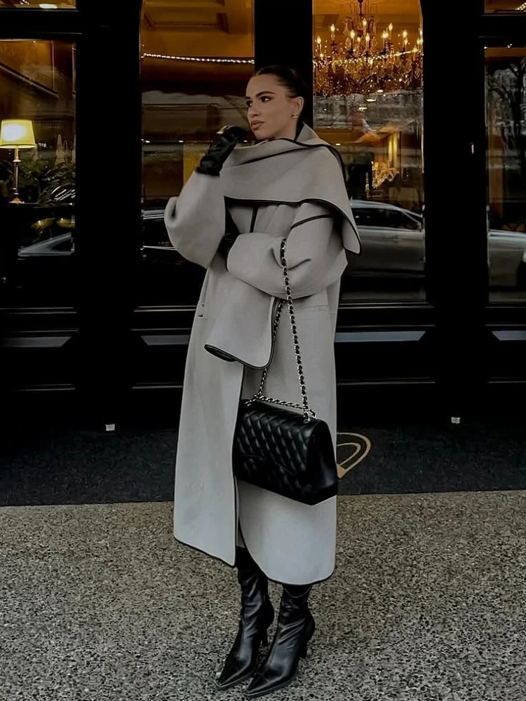 

Элегантное шерстяное длинное пальто с шарфом, женское однотонное свободное пальто с длинными рукавами и v-образным вырезом на пуговицах, женская модная осенне-зимняя верхняя одежда 2025 г.