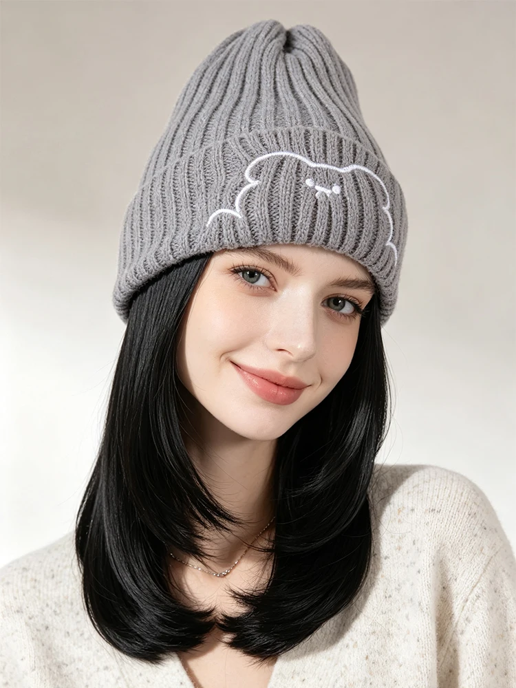 Ladies Long Straight hair Knitted Hat Wig Hat Winter Fashion Warmth Natural Synthetic All-in-one Hat Wig Extension