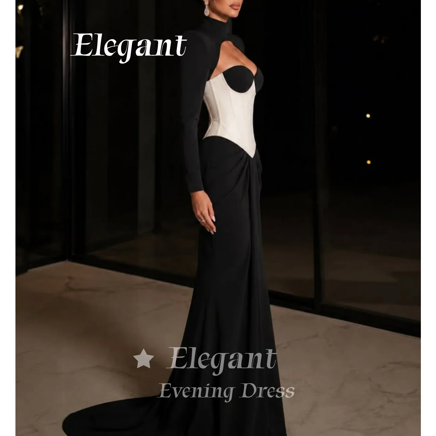 Black White Contrast Crepe Evening Gown High Neck Long Sleeve Prom Gown Chest Corset Waist Formal Occasion Dresses Customized