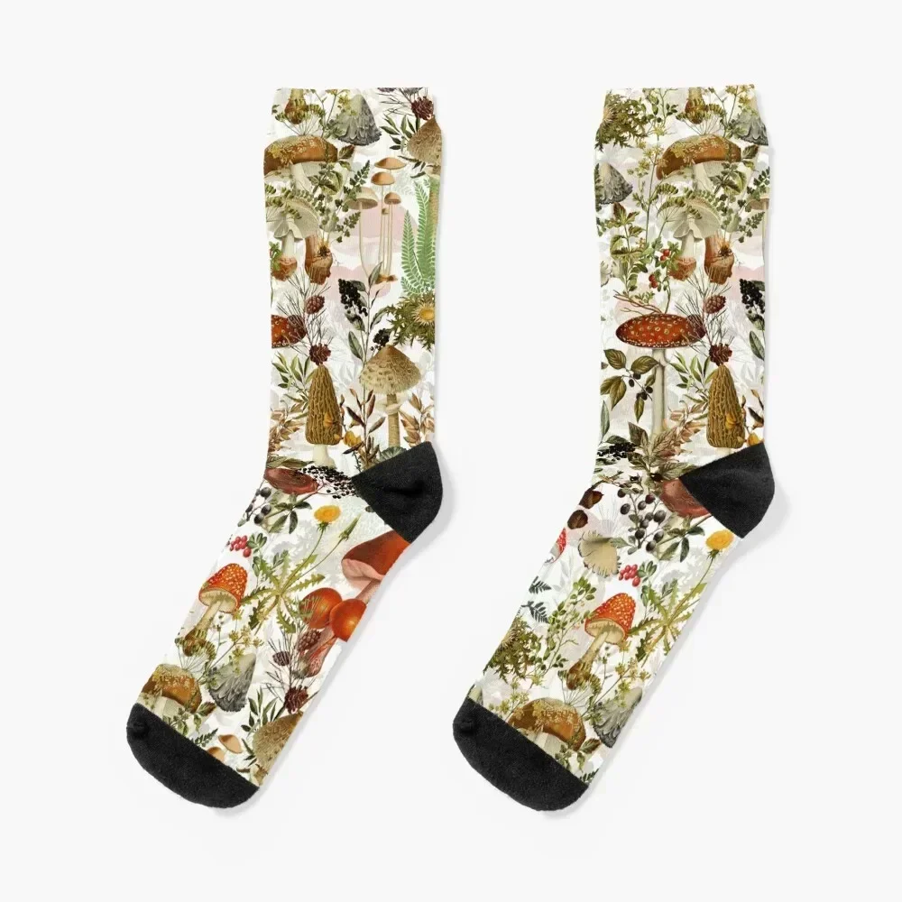 Vintage Mushrooms Forest Botanical Pattern - White Socks Lots Toe sports christmas gift Socks Women's Men's