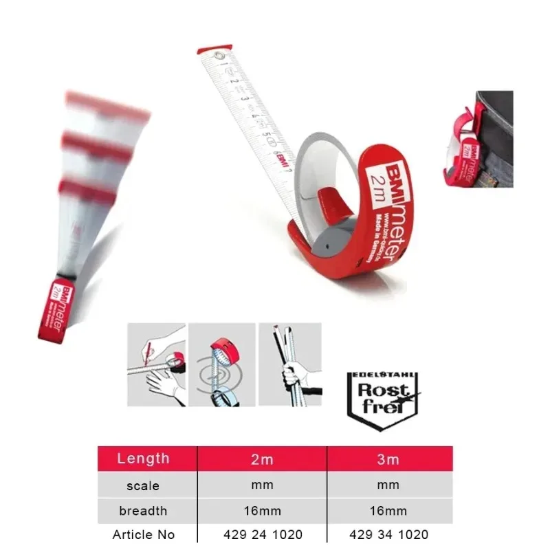 BMI Germany Stainless Steel Tape Measure NO.429 241/429 341 - 2M/3M, Self-Retracting w/Lock, Class II Accuracy, Carpentry/DIY
