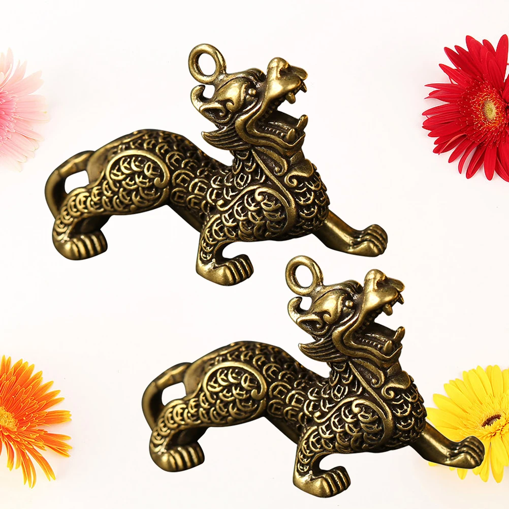 

2 Pcs Lottery Keychain Pendant DIY Ornaments Brass Pendants God Beast Shaped Keyring Vintage Keyrings