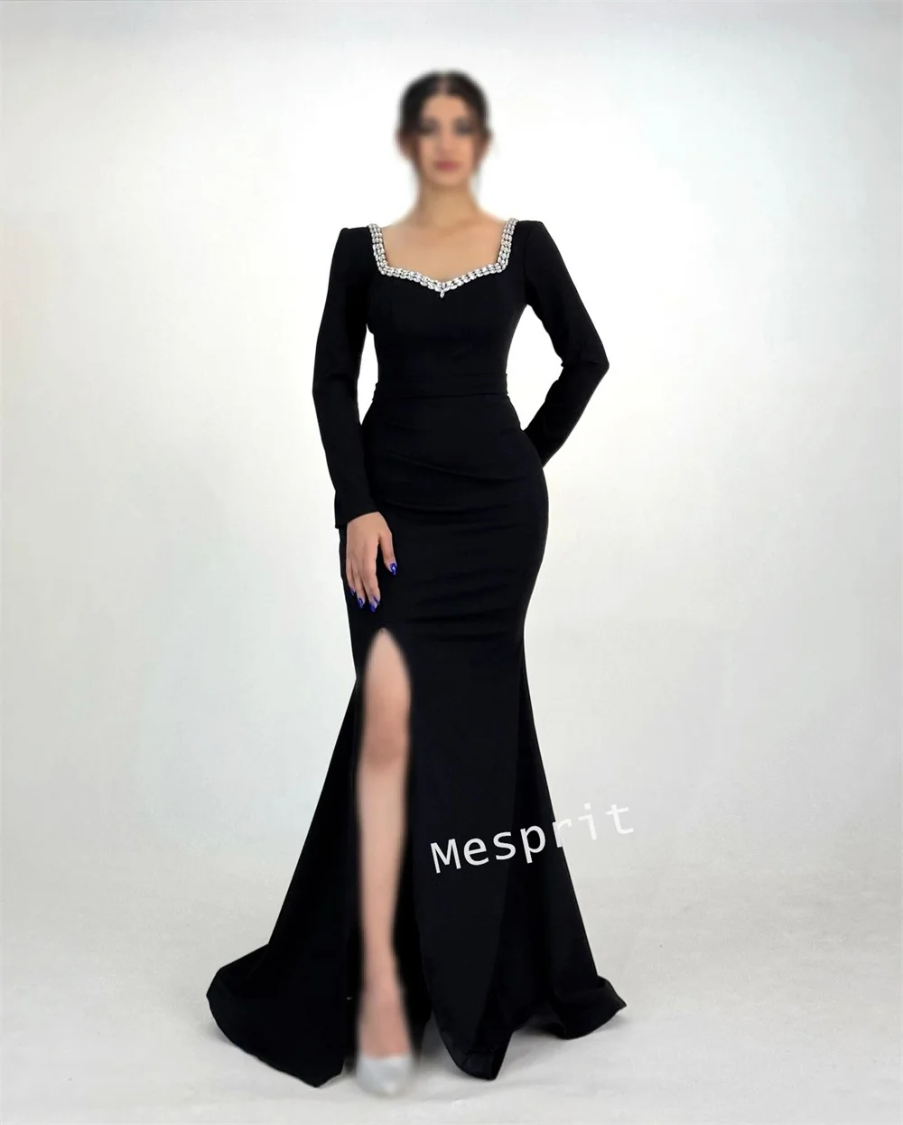 Maillot personnalisé manches longues Chic col carré sirène noir robes longues sur mesure Occasion robe de soirée formelle fête élégante