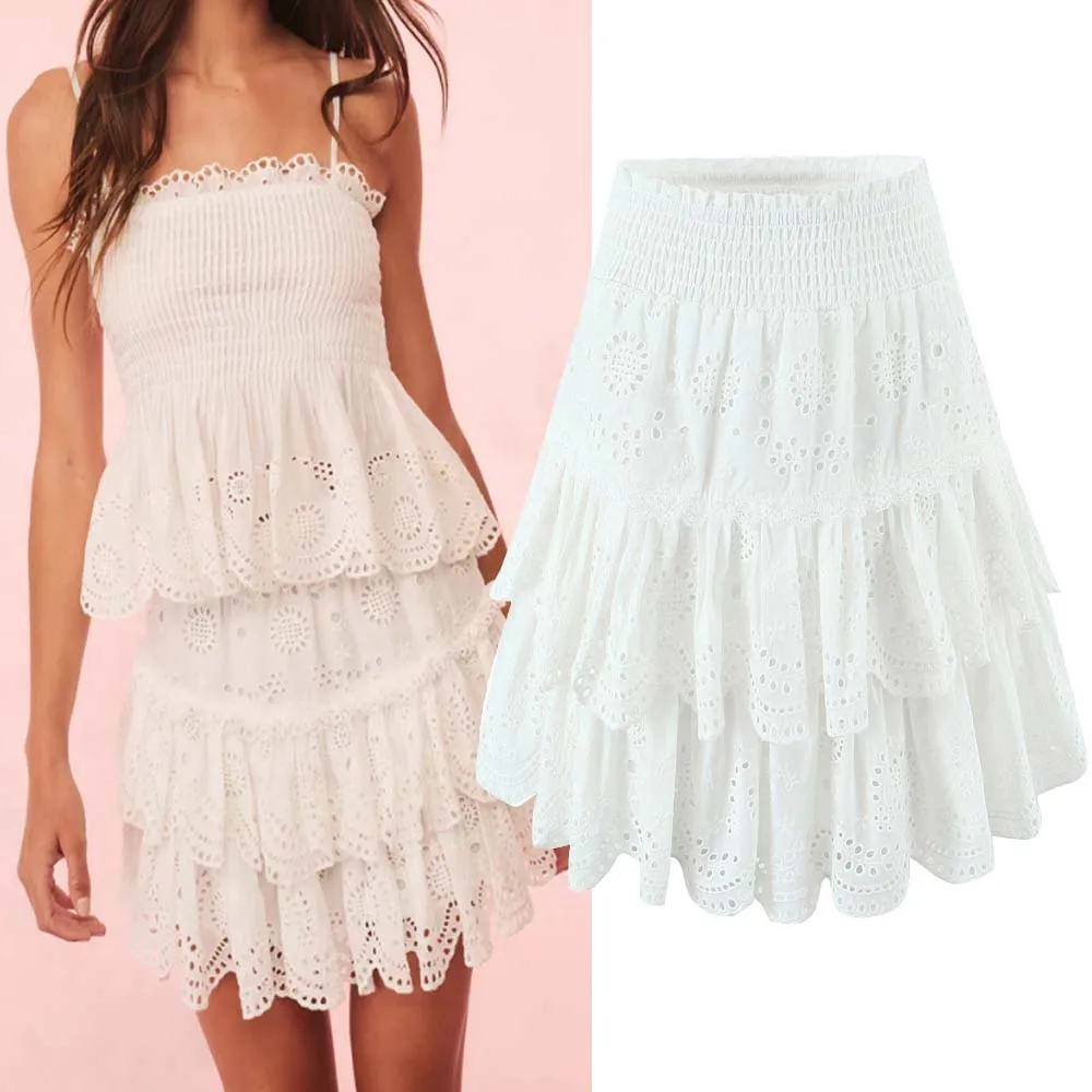 

Faionable Ethnic Embroidered Layered f Skirt for Women High Waist Cake Skirt Polyester Fiber All-Match Sle H28