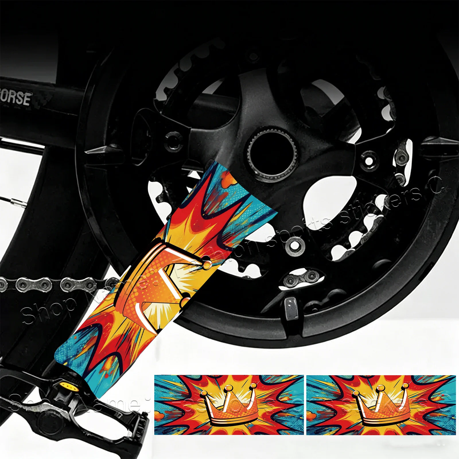 1Pair 2D Flat Pop‑Art Crown Vinyl Sticker, Waterproof Decal for MTB Road Bike Crank Arm, Holiday Gift