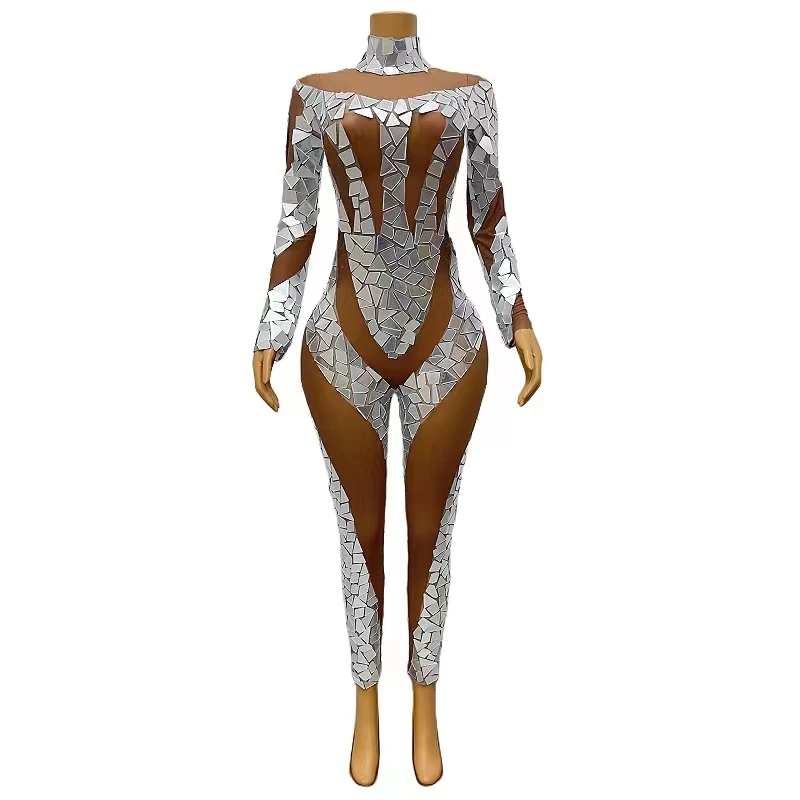 Bar Stage Silver Mirror Transparent Mesh Jumpsuit Women Elastic Tight Rompers Singer Dancer Robot Performance Dance Costume