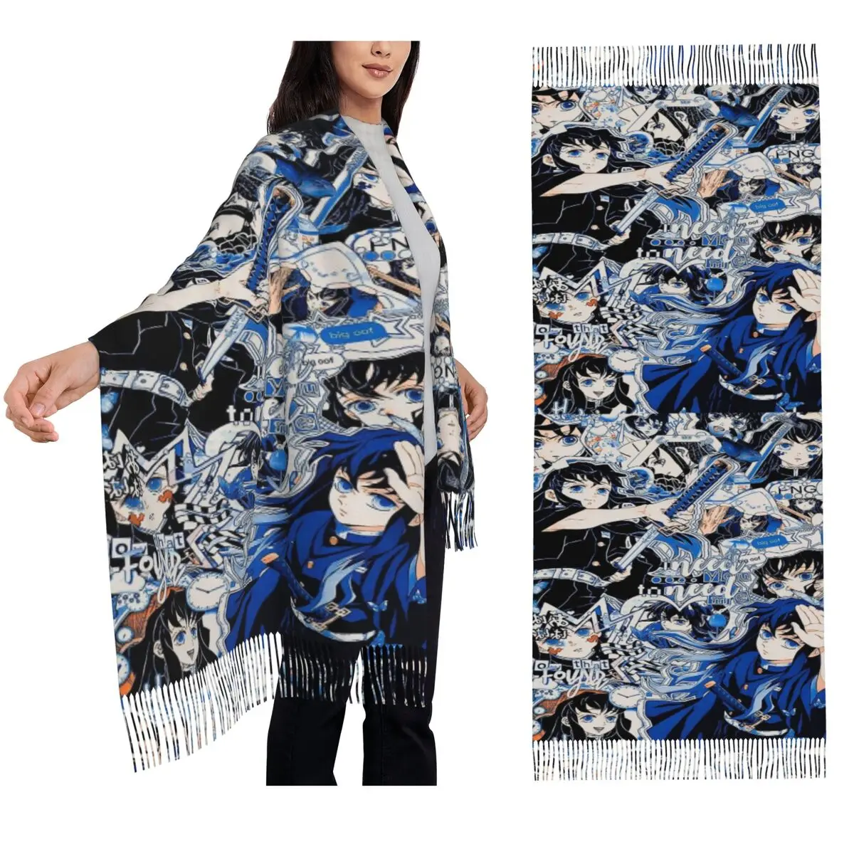 أنيمي Muichiro Tokito شيطان القاتل وشاح شرابة الأوشحة للنساء لينة الدافئة شالات ويلتف كبير الخريف الشتاء شال التفاف