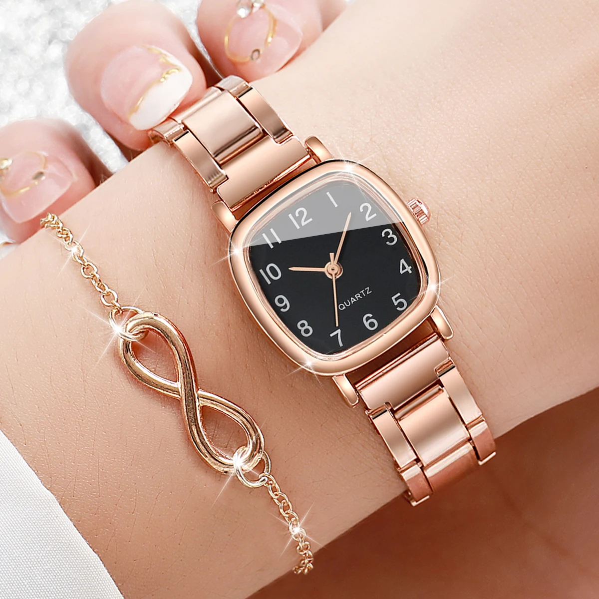 3PC/Set Women's Square Steel Band Watch Small Head Quartz Watch Necklace Bracelet Set